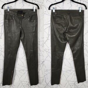 Turrath Army Green Lambskin Leather Mid Rise Skinny Pants